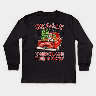 Christmas Beagle Through The Snow Dog Santa Truck Tree Kids Long Sleeve T-Shirt
